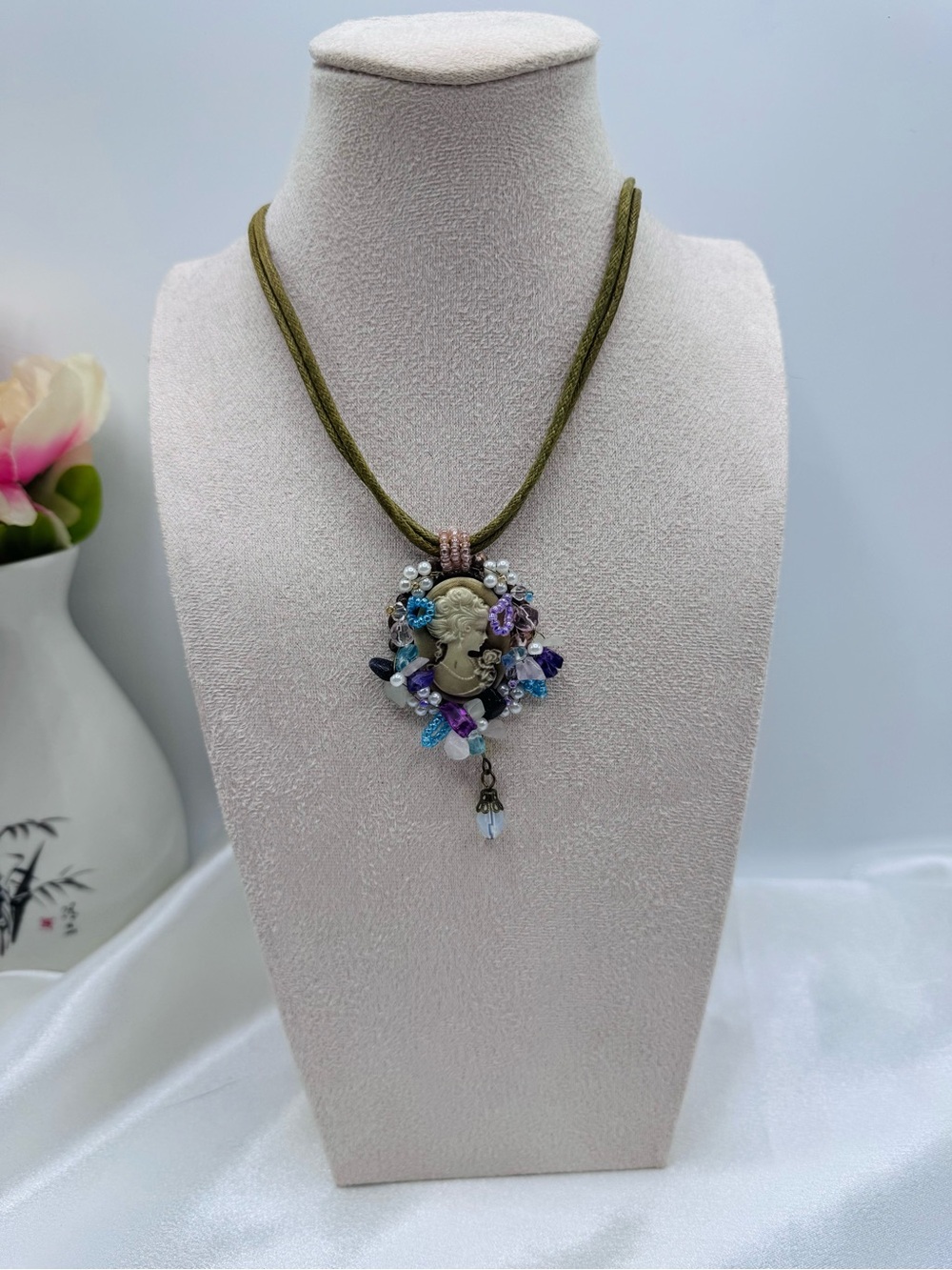 Vintage Style Cameo Pendant Statement Necklace OliveCord Boho Victorian Inspired